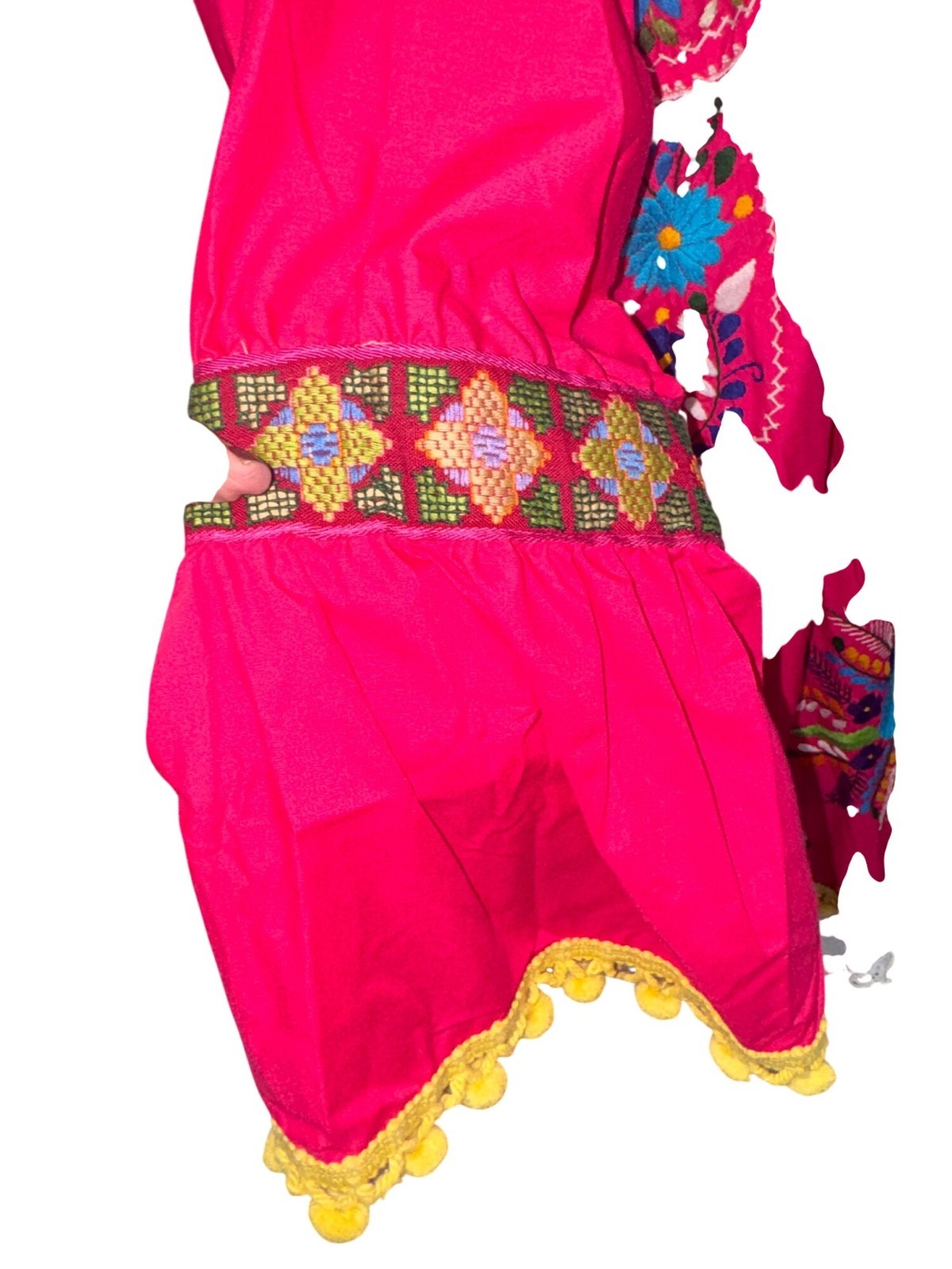 Handmade Fiesta Mexican Embroidered Floral Dress Crochet Hem Bell Slve Hot Pink