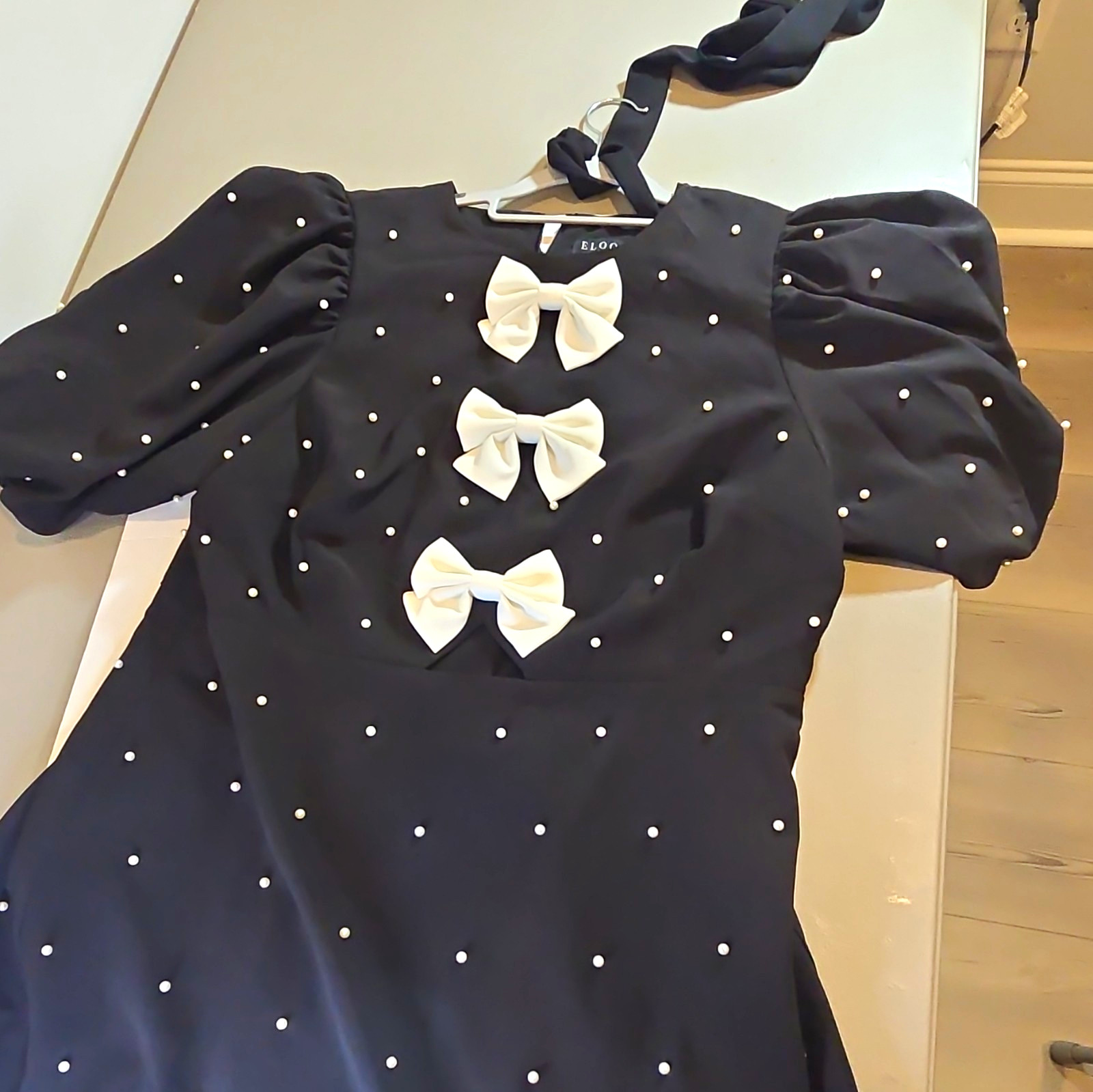 ELOQUII Women’s Size 14 Black Mini Dress Puff Sleeve Pearl Bow Square Neck