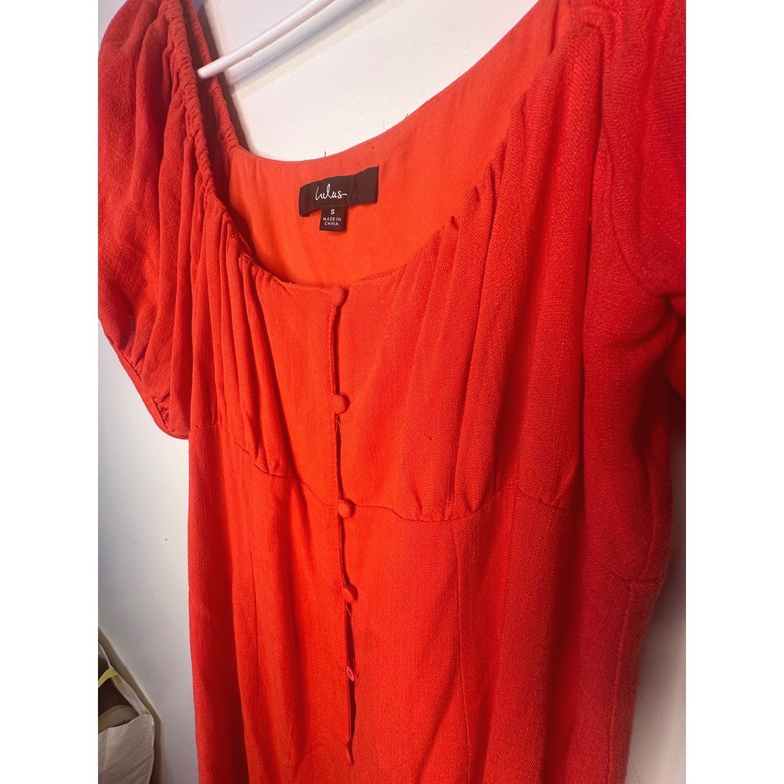 Lulus Mini Dress Women Size S Orange Red Excellent Puff Sleeve Button Front