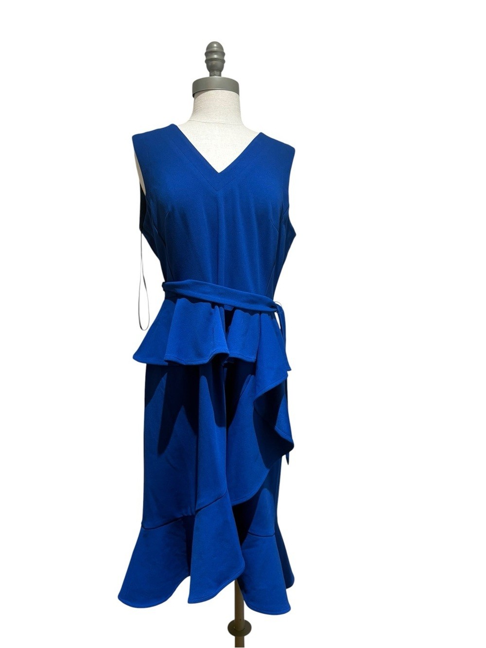 Calvin Klein Royal Blue Ruffle Peplum Midi Dress Sleeveless Belted Size 12