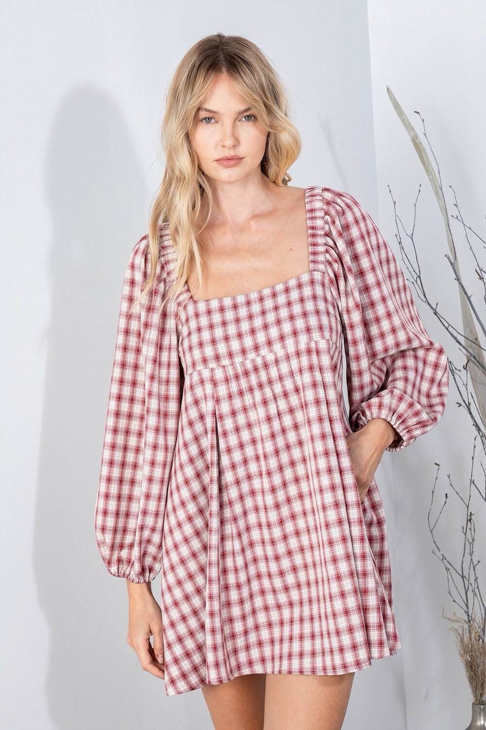 REVEROF Plaid Babydoll Dress With Smocking Back Detail,NWT