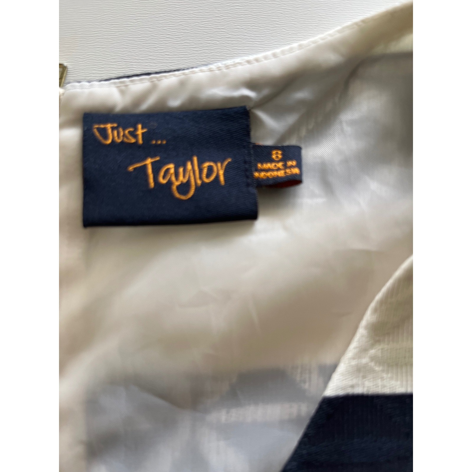 Just Taylor Womens Navy White Striped Pom Pom Trim Sheath Dress Size 8 V-Neck