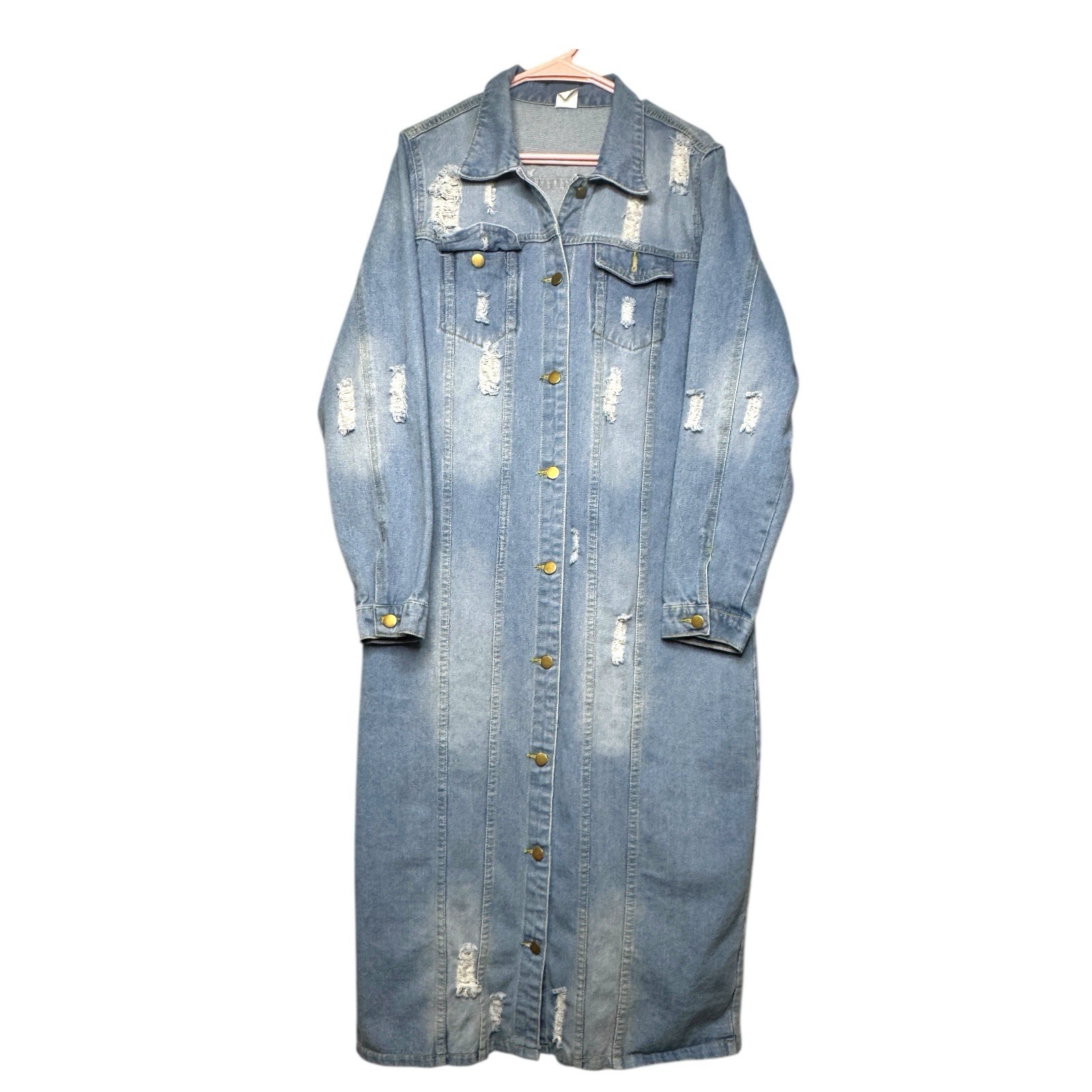Women’s Long Sleeve Button Down Medium Wash Maxi Dress Size XL Distressed