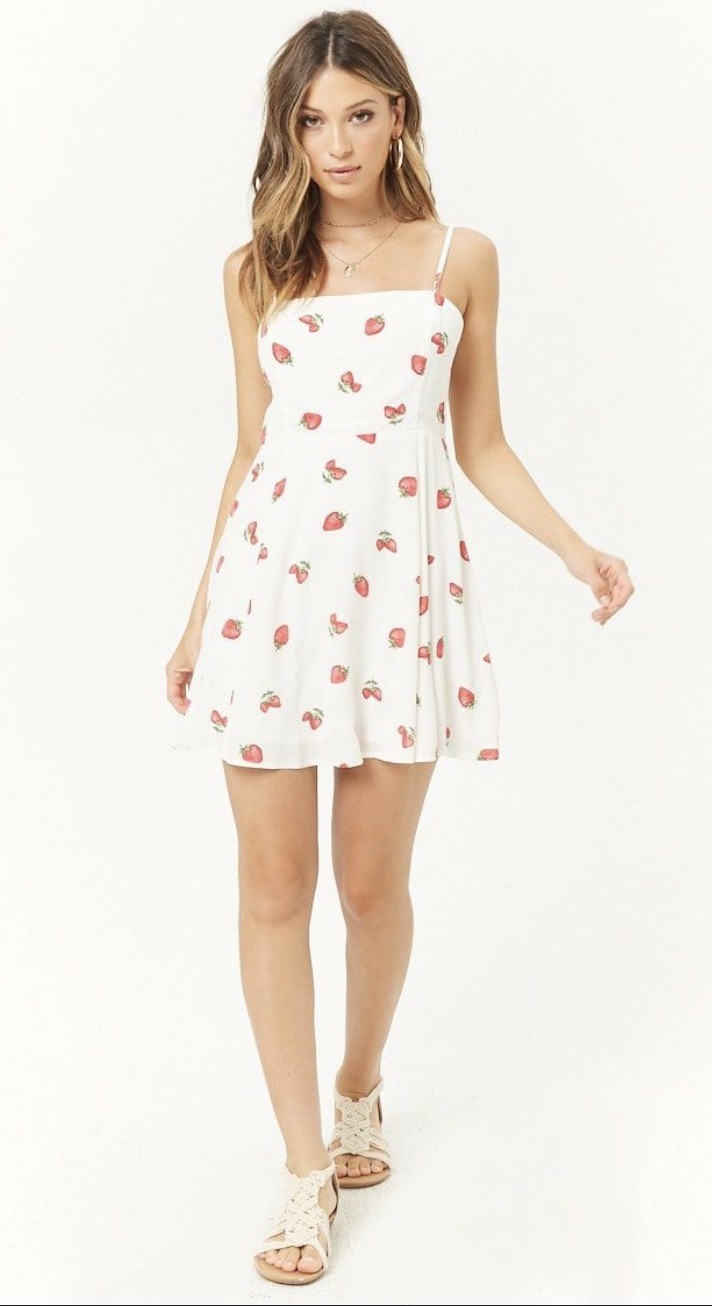 Forever 21 White w/Red Strawberries Mini Sun Dress, Size S