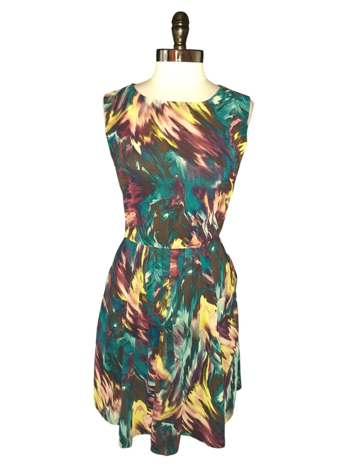 RONNI NICOLE Size 14 A-Line Dress Brown Teal Yellow Sleeveless Pockets