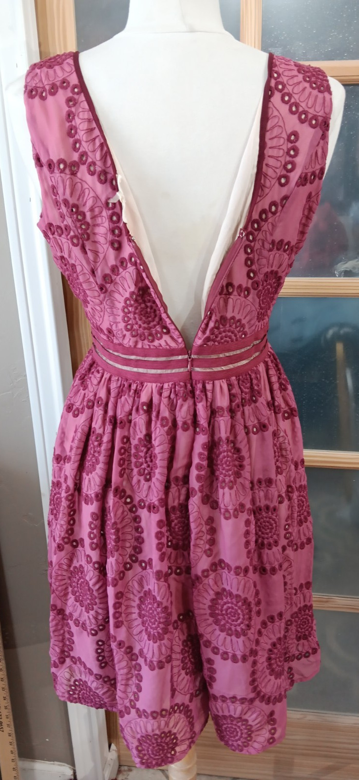 RYU Dress Fit Flare Crochet Cutout Lined Wine Boho Cottage Festival Sz L Knee