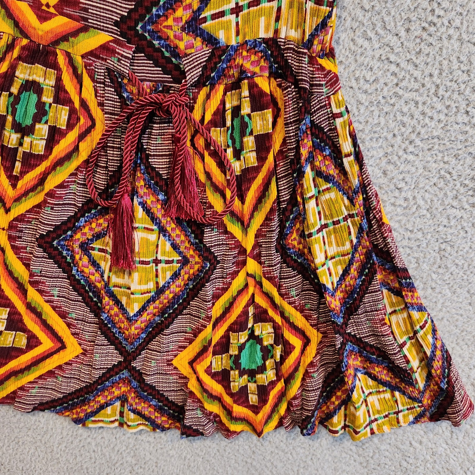 MINKPINK Womens Mini Dress Medium Multicolor Batik Design Tasseled Waist