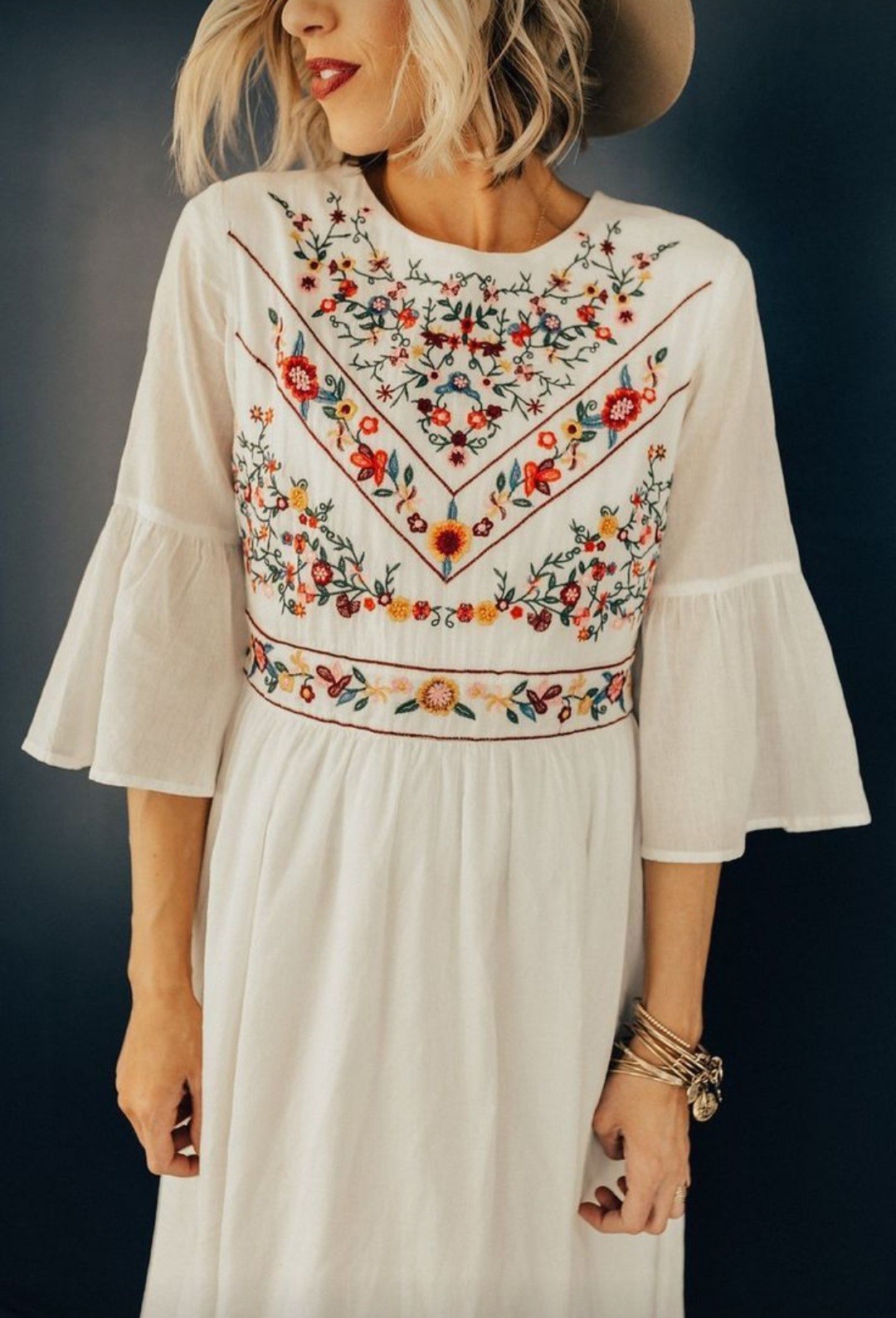 Roolee DeMille Womens Embroidery Bell Sleeve Empire Waist Dress Boho Size Medium