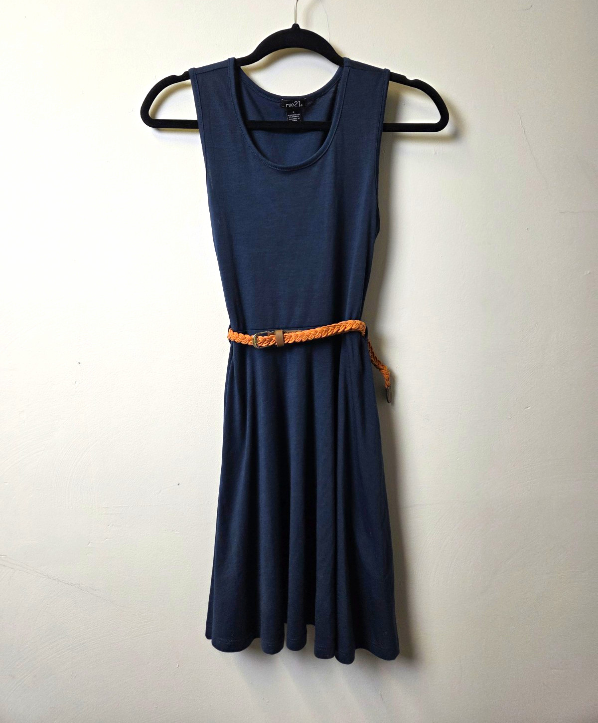 rue21 Women’s Blue Knit A-Line Dress Scoop Neck Sleeveless Belted S Knee Poly