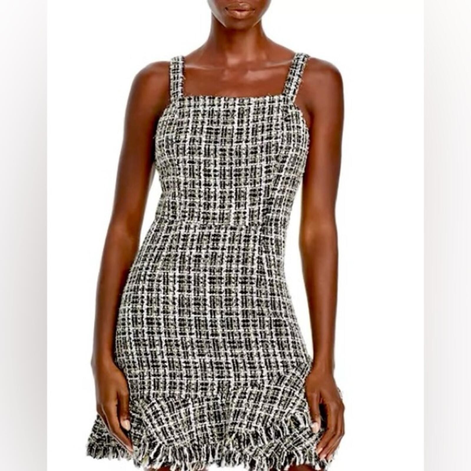 AQUA Metallic Tweed Square Neck Black White and Metallic Mini Dress