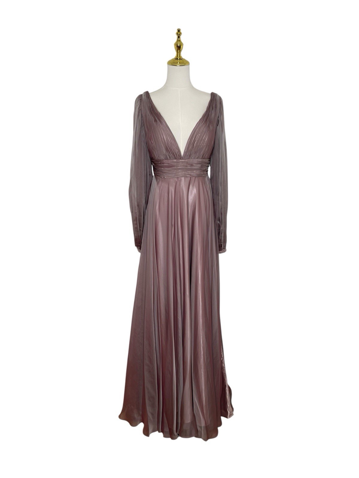Mac Duggal 67414 Mocha Chiffon Gown Cutaway Sleeve Beaded Cuff Size 8 $598