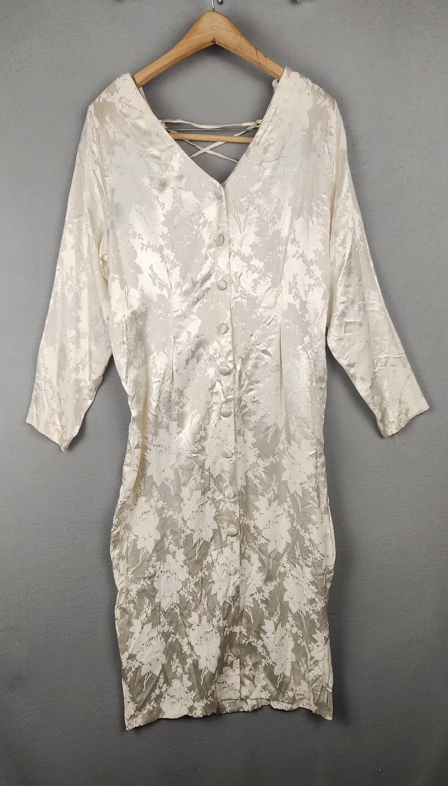 Diana Couture Dress Womens 16 Ivory Satin Jacquard V-Neck Lace-Up Back Made USA