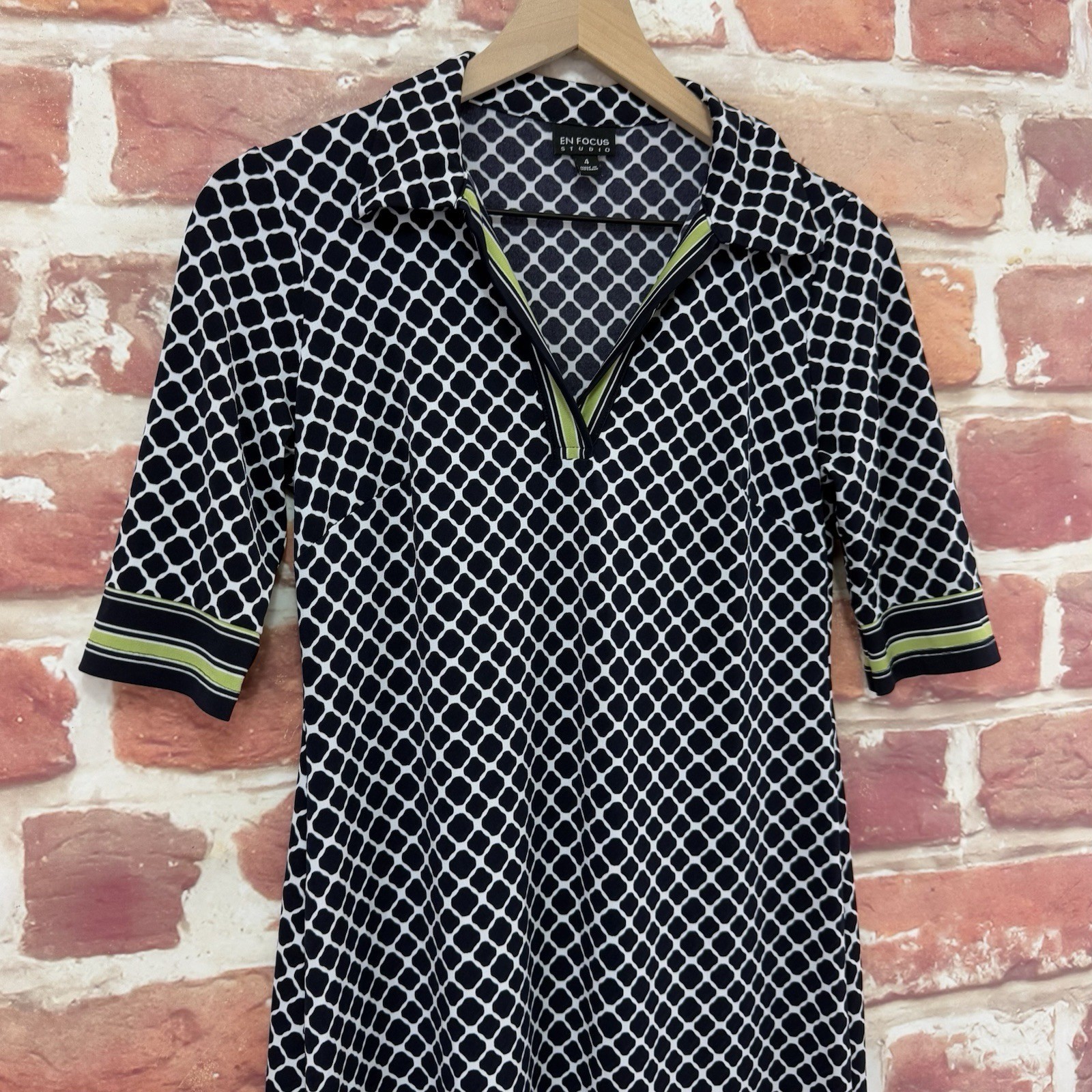 En Focus Studio Dress Womens 4 Black Multicolor Quatrefoil Striped Casual Work