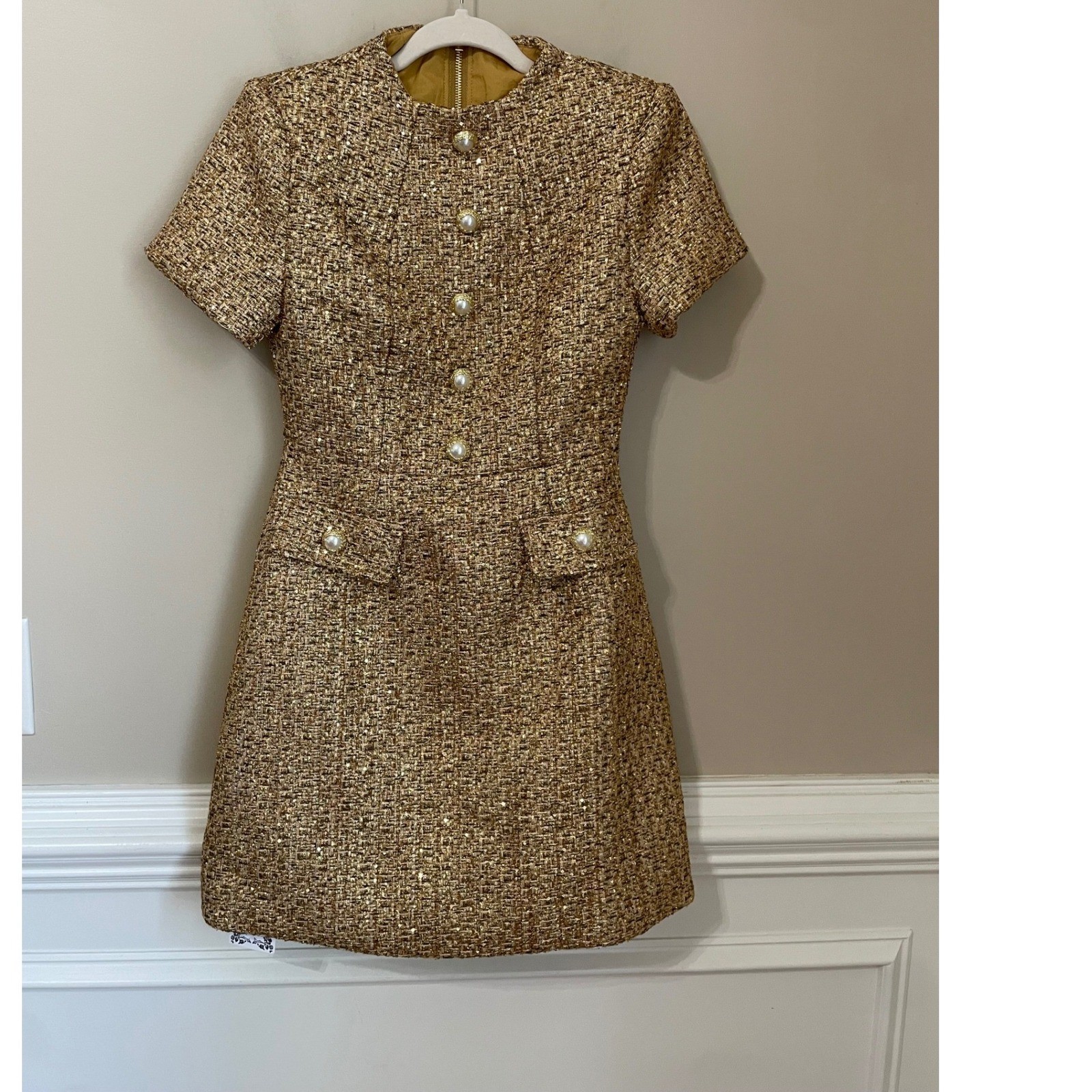 Miss Rosier Size S Arna Gold Metallic Tweed Mini Dress Short Sleeve