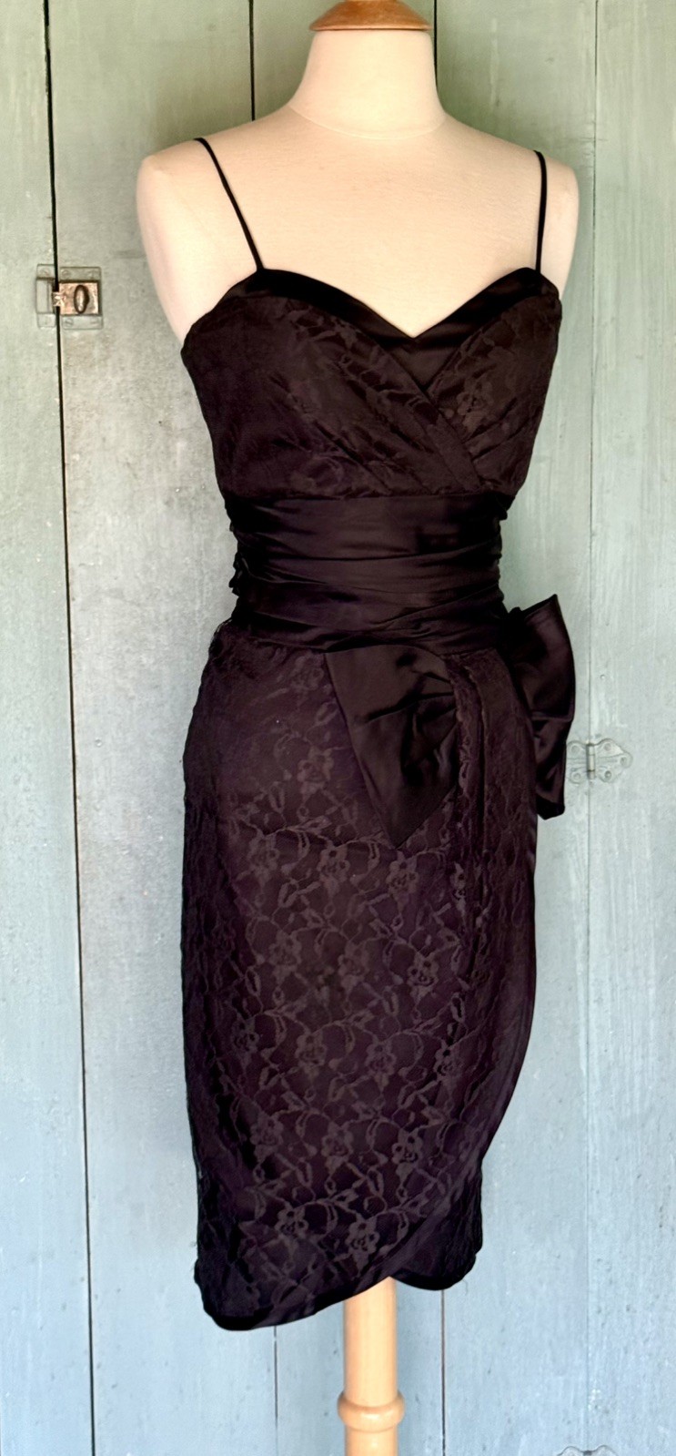 LBD Straps Sweetheart Lace Overlay Wrap Ruched Black Dress Bow Sash S+