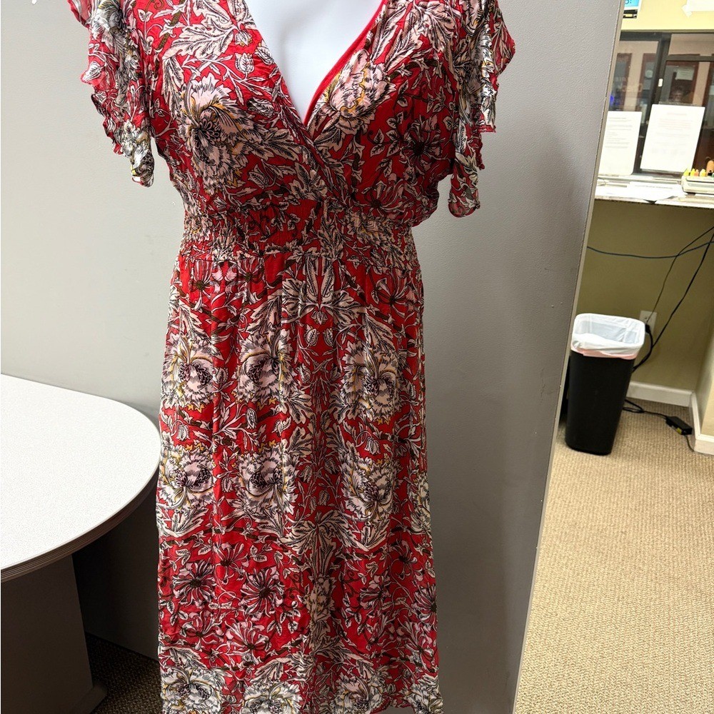 Le Raganne Silk Blend Red Floral Midi Dress