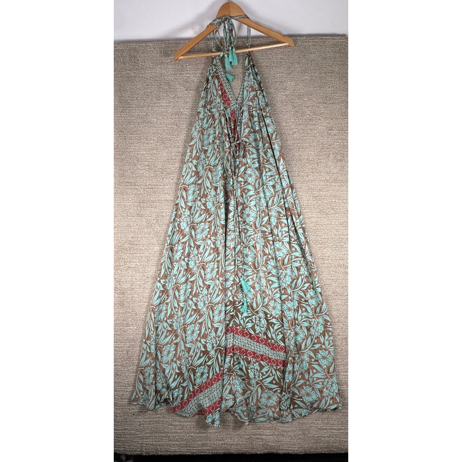 Arena Formentera Silk Blend Halter Maxi Dress Aqua Fl Tassel LD-1296 OS NEW
