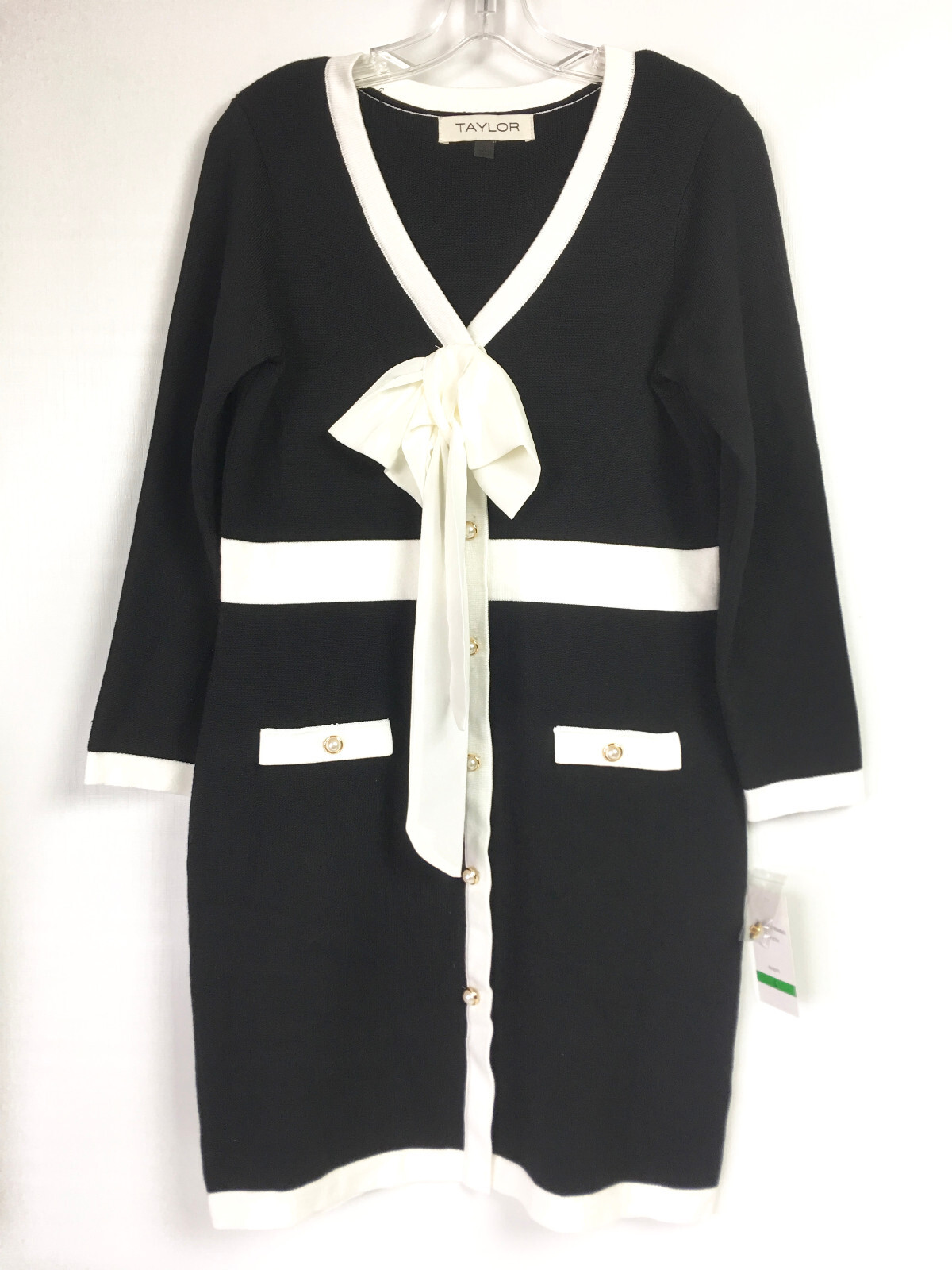 Taylor Womens Large Sweater Dress Bow Front Black Ivory Pearl Button Mini NEW