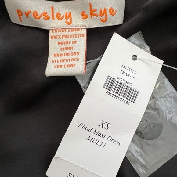 F1– NWT multicolor PRESLEY SKYE spag strap plaid long maxi dress XS $149