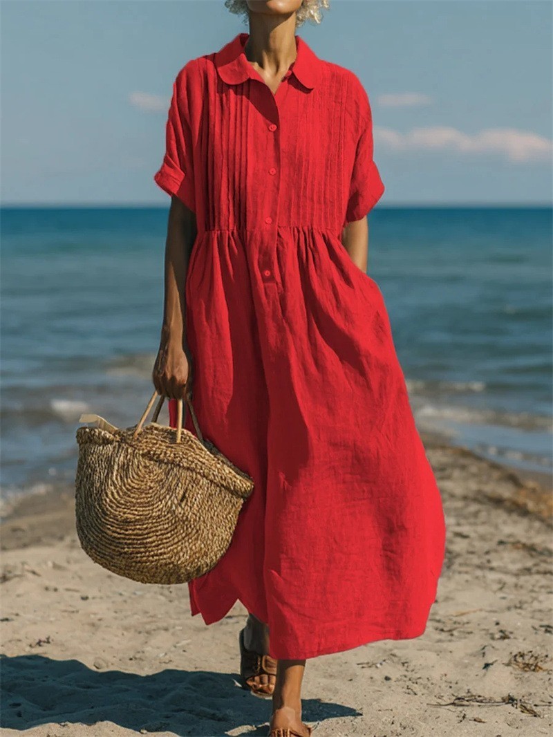 Ladies Loose Pleated💐Linen Cotton Pocket Summer Beach Baggy Kaftan Long Dress