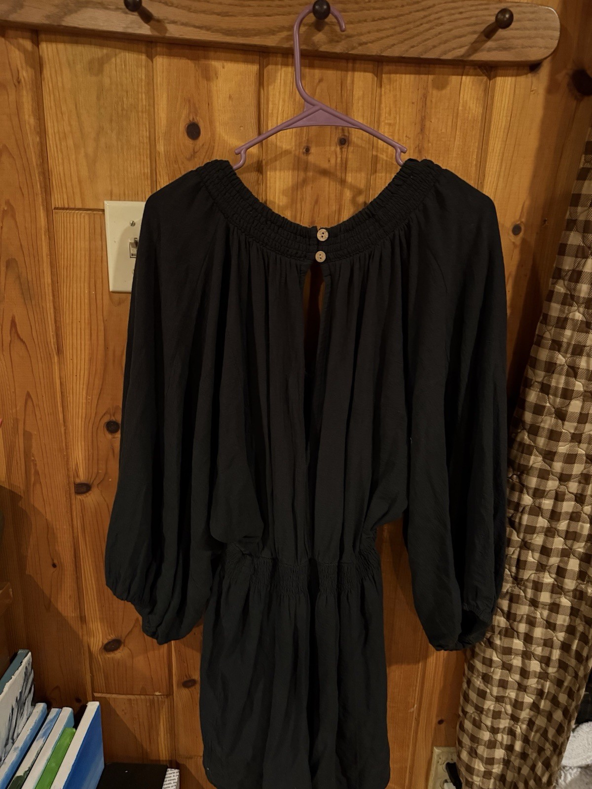 Free People Black V-Neck Smocked Romper L Balloon Long Sleeve Rayon Button