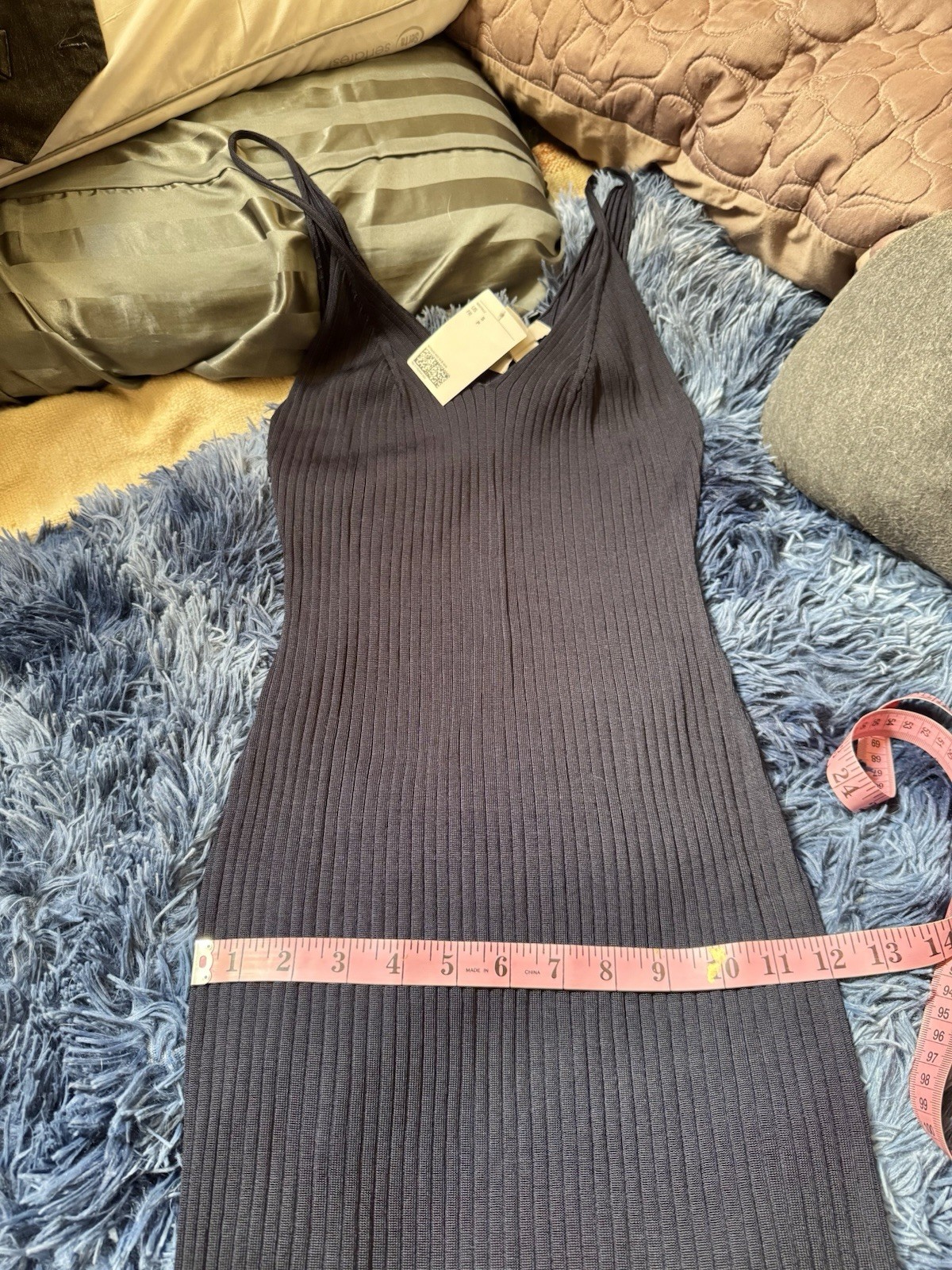 H&M Navy Blue Ribbed Midi Dress Viscose Polyamide V Neck NWT S