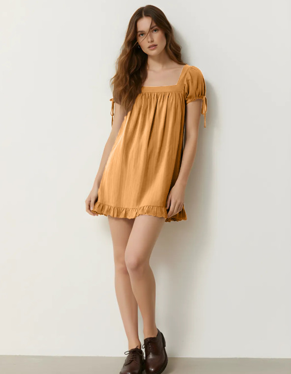 Ladies Summer Casual Square Neck Shirt Short Sleeve Tie Knot Ruffle Blouse Dress