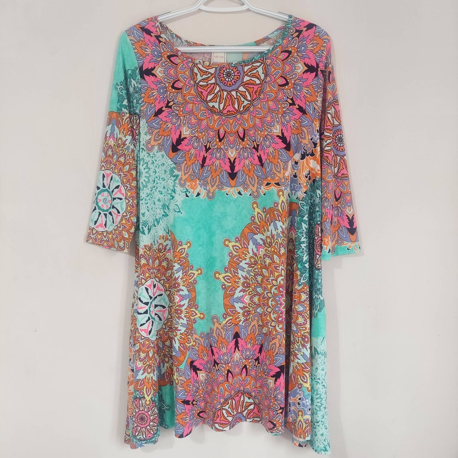 Hershe Women’s Medium 3/4 Sleeve Mandala Print Round Neck Swing Dress USA Made