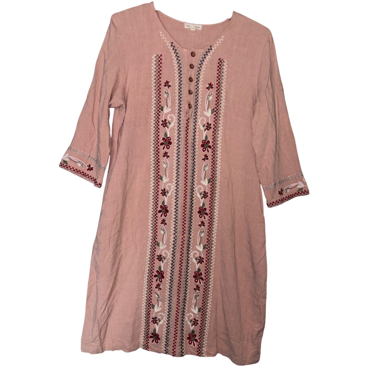 Stevie Hender L Womens Pink Embroidered Floral Henley Shift Dress Festival Boho