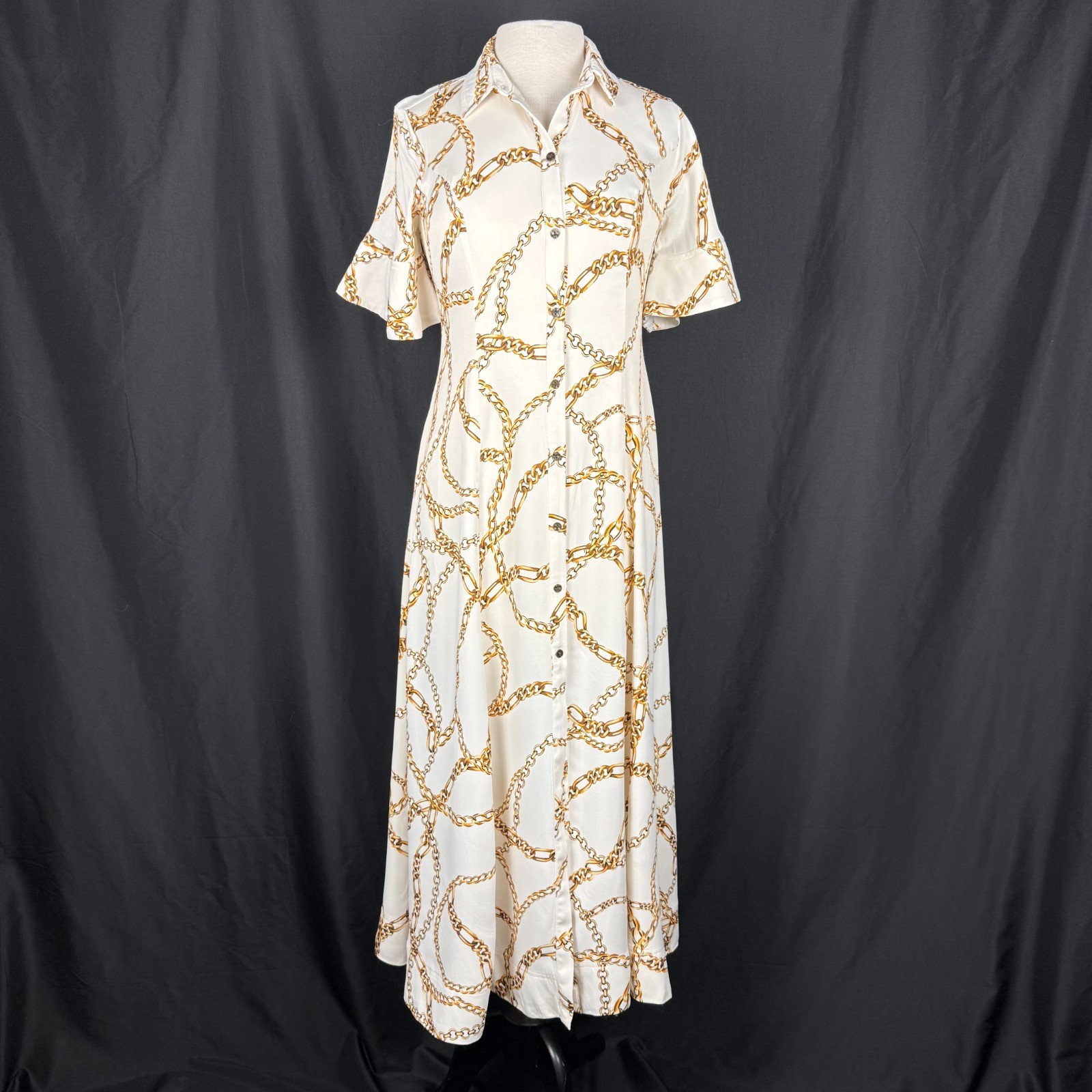Anthropologie Maeve Chain Print Ivory Button Front Shirt Dress Sz Medium