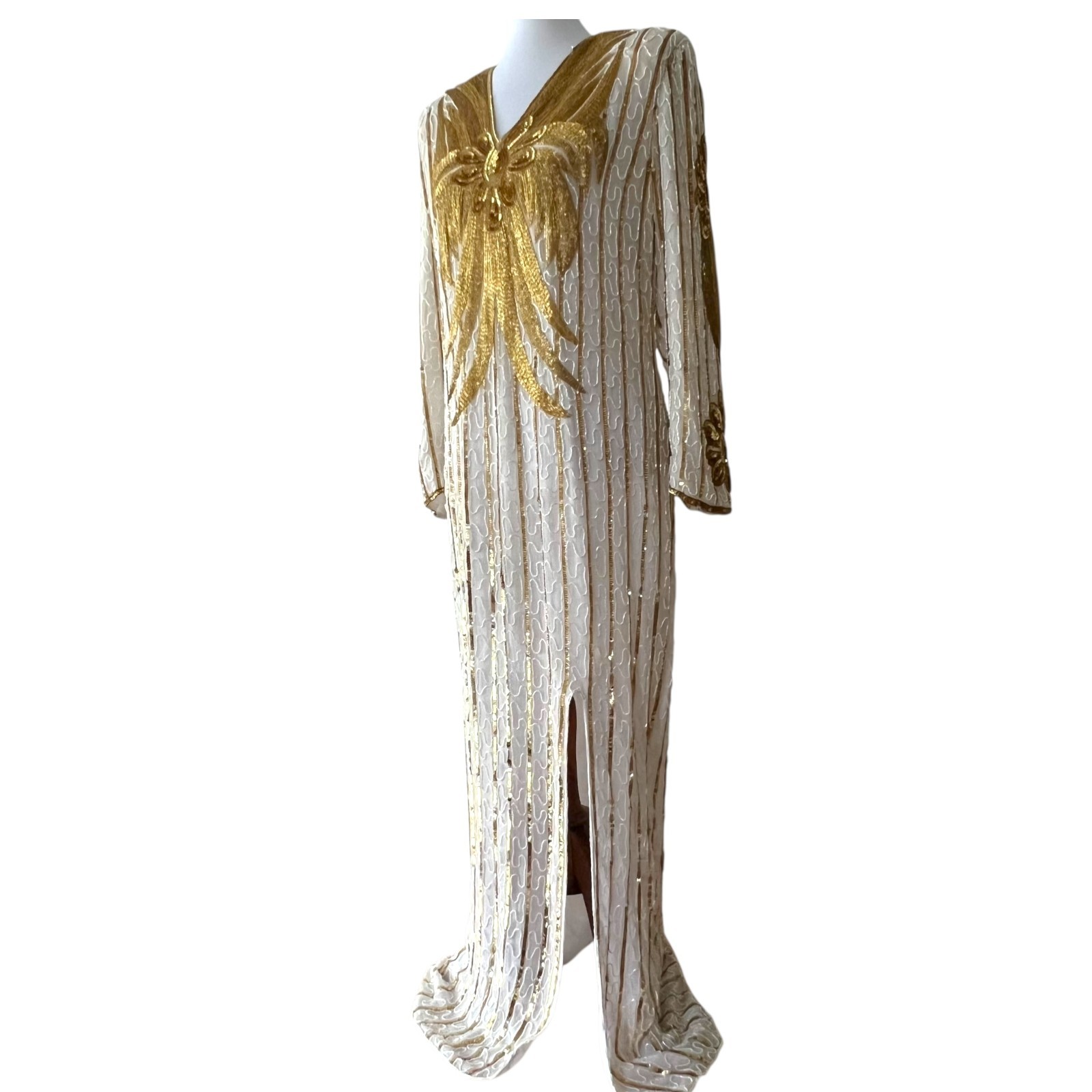 Vintage Plus Size Gown 2X White Silk Dress Long 1X Formal Maxi Beaded Art Gold