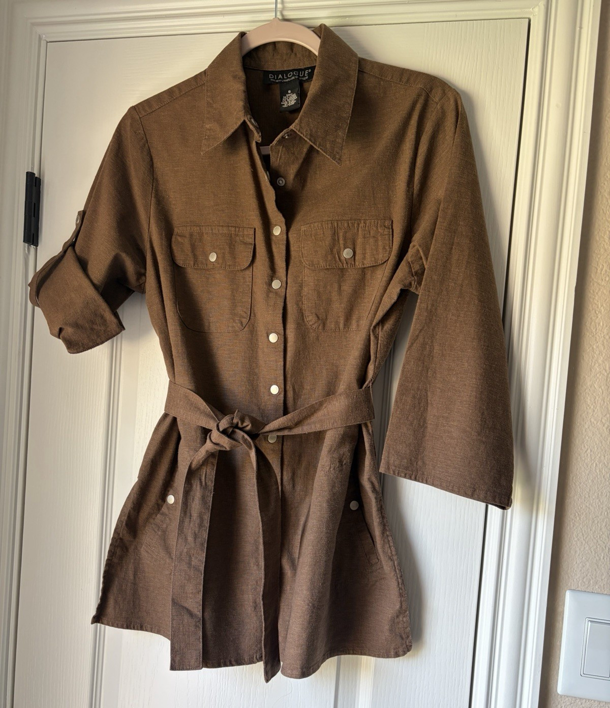 Dialogue Brown Linen Blend Collared Button Front Belted Blouse Size 6
