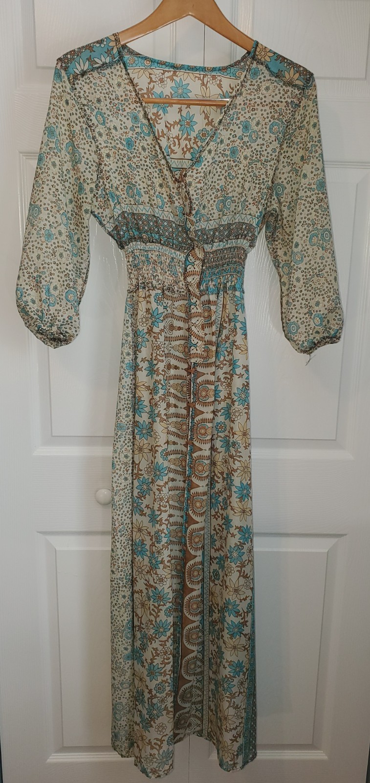 Boho Resort Maxi Dress Fiji XL Smocked Waist Tassel Tie Patchwork Print