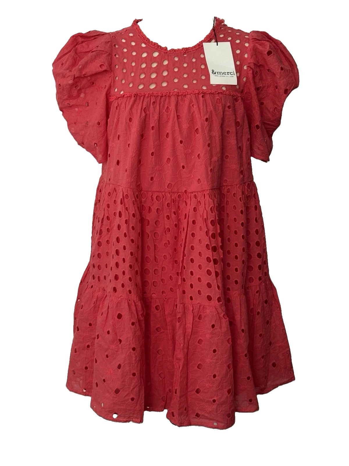 &Merci Sz M Corral Puff Textured Mini Dress Tiered Babydoll Lined Pockets NWT