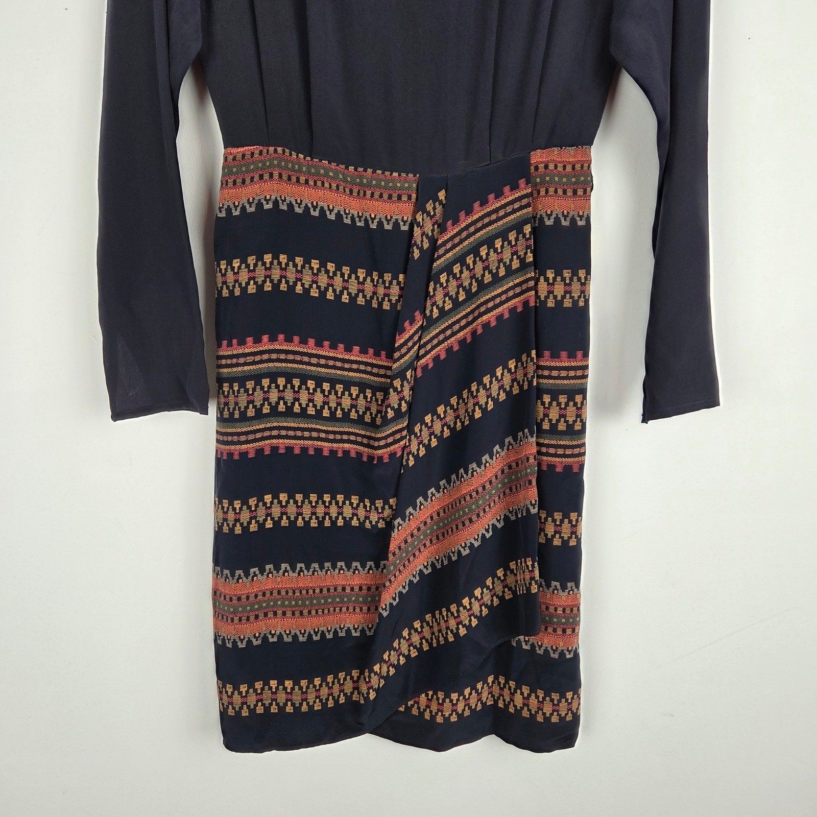 Vtg Ellen Tracy Linda Allard Petite Navy Blue Silk Long Sleeve Dress Aztec Sz 2