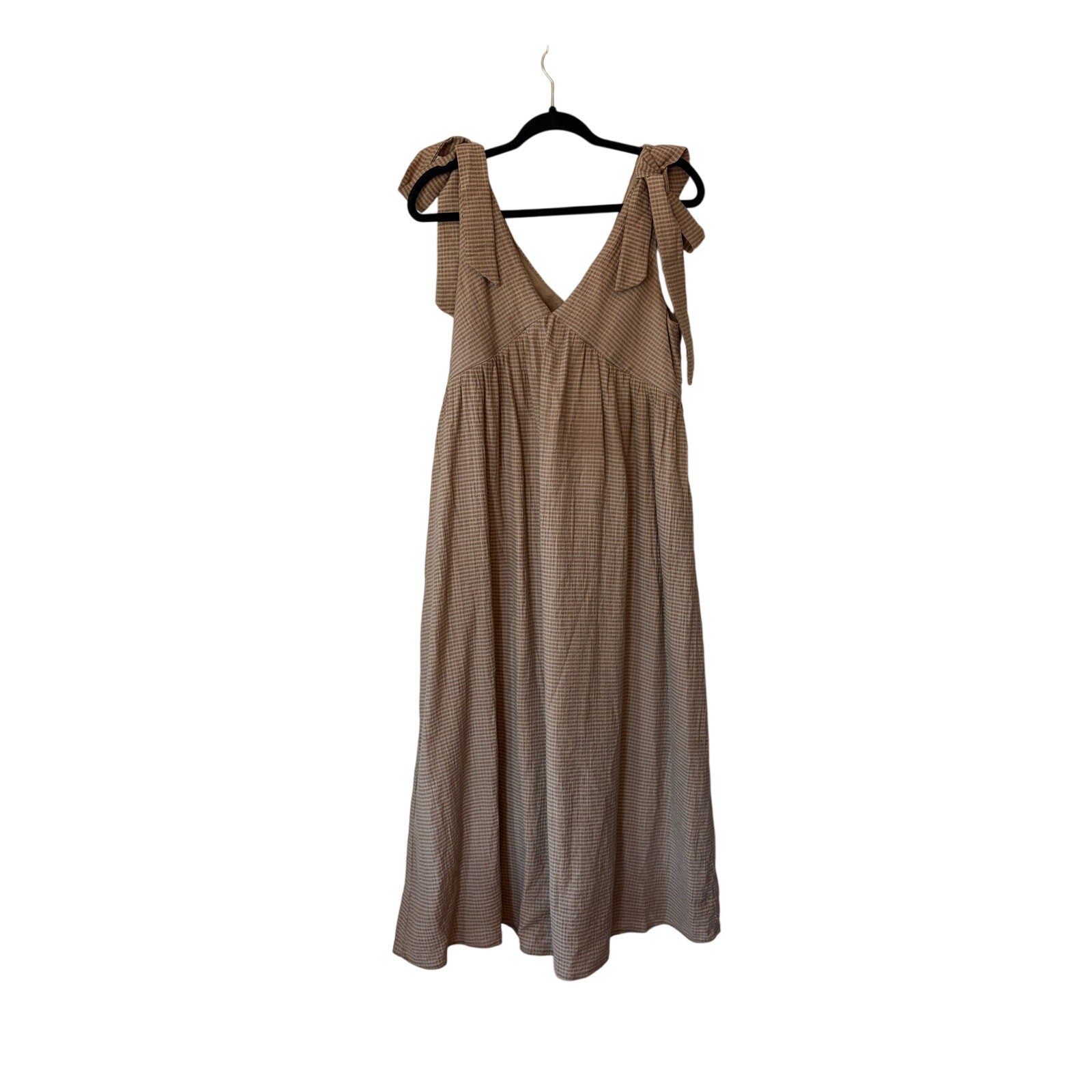 Apero Mallorca nursing dress medium gingham brown cream tan v-neck bow