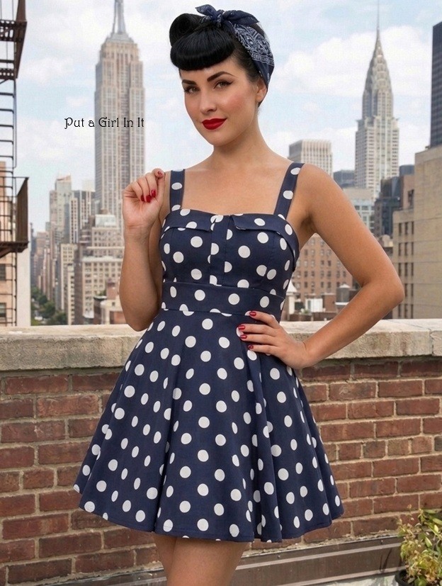 New USA Rockabilly Retro Women’s Navy Blue Polka Dot Cotton Pinup 50s Dress M L