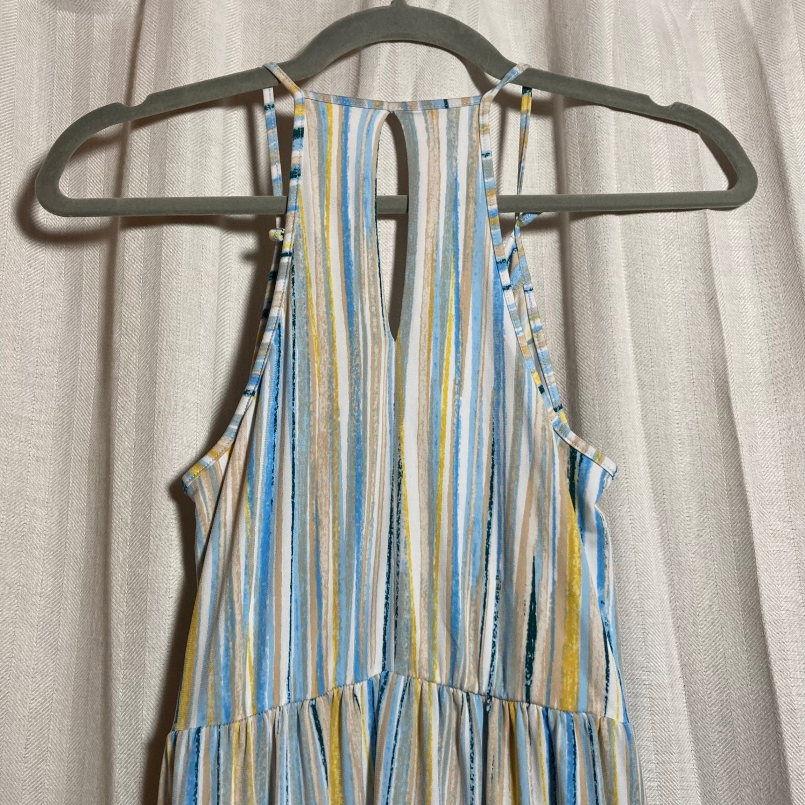 BCBGeneration Blue Yellow Striped Draped Pocket Midi Dress XS Sleeveless V-Neck