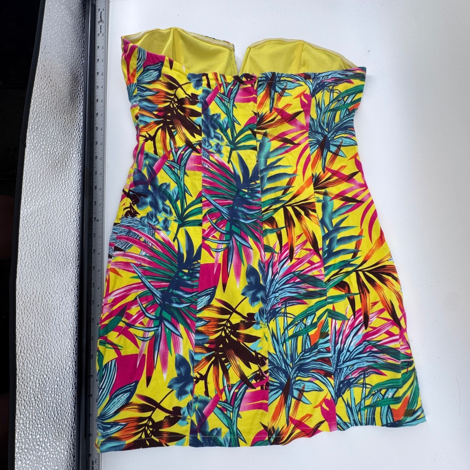 do & be Yellow Tropical Floral Strapless Mini Dress Sweetheart Neckline L