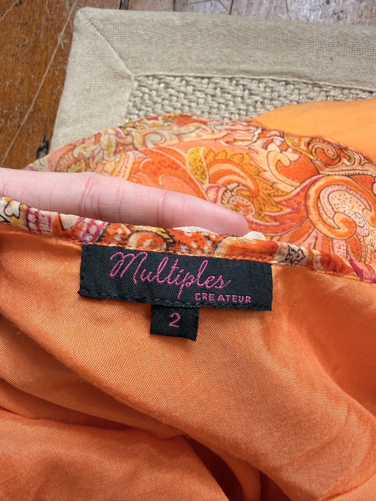 French Designer Orange Paisley Floral Appliqué Dress T2