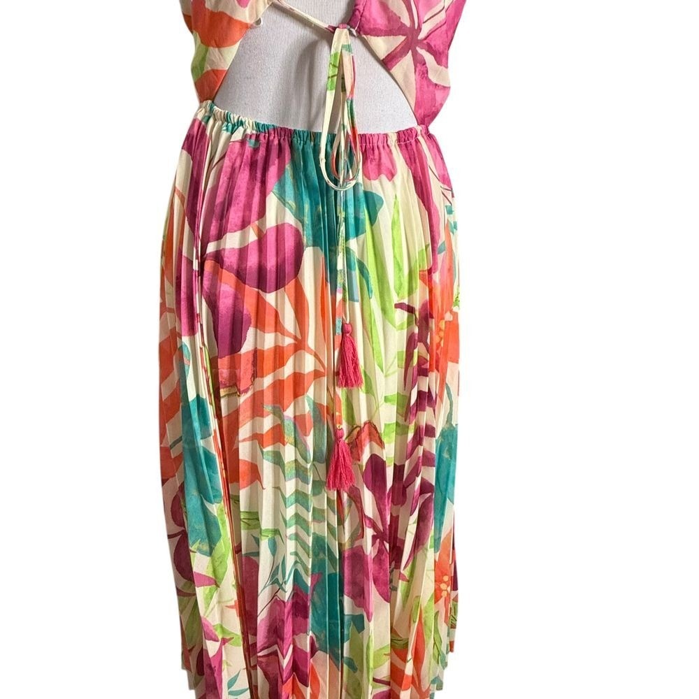 Flying Tomato Tropical Print Pleated Midi Dress Size S Open Back Vacation Beach