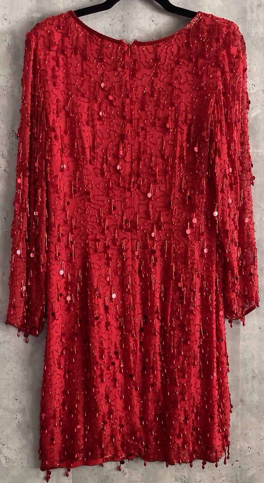 Vintage 90s Oleg Cassini Red Beaded Sequin Fringe Silk Evening Gown Dress 4