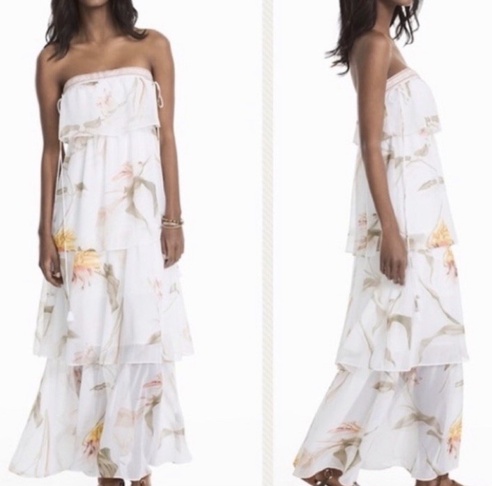White House Black Market Maxi Dress White Floral Chiffon Ruffle Peasant Tiers M
