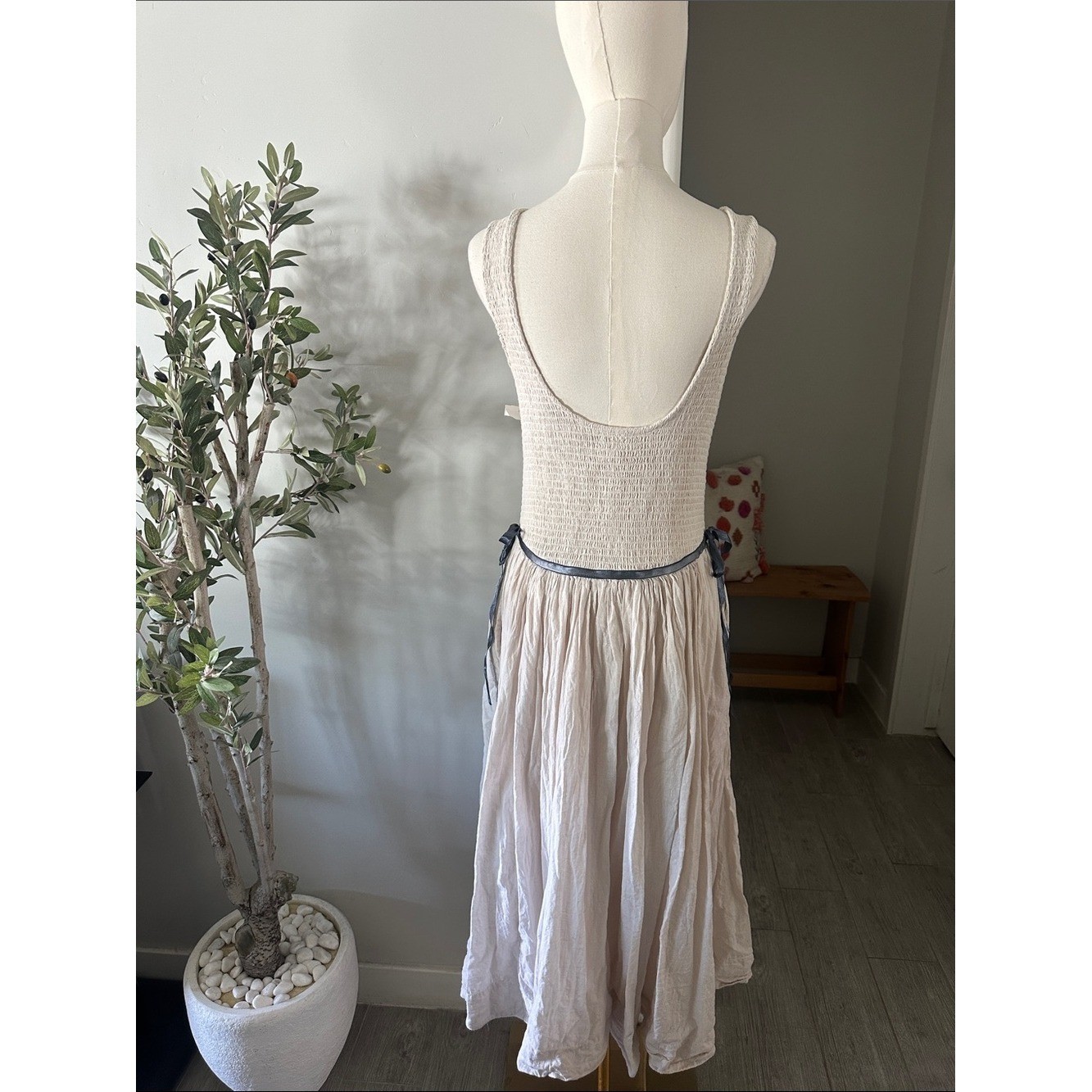 Free People Nightingale Smocked Seersucker Midi Dress in Tea Navy Combo New!