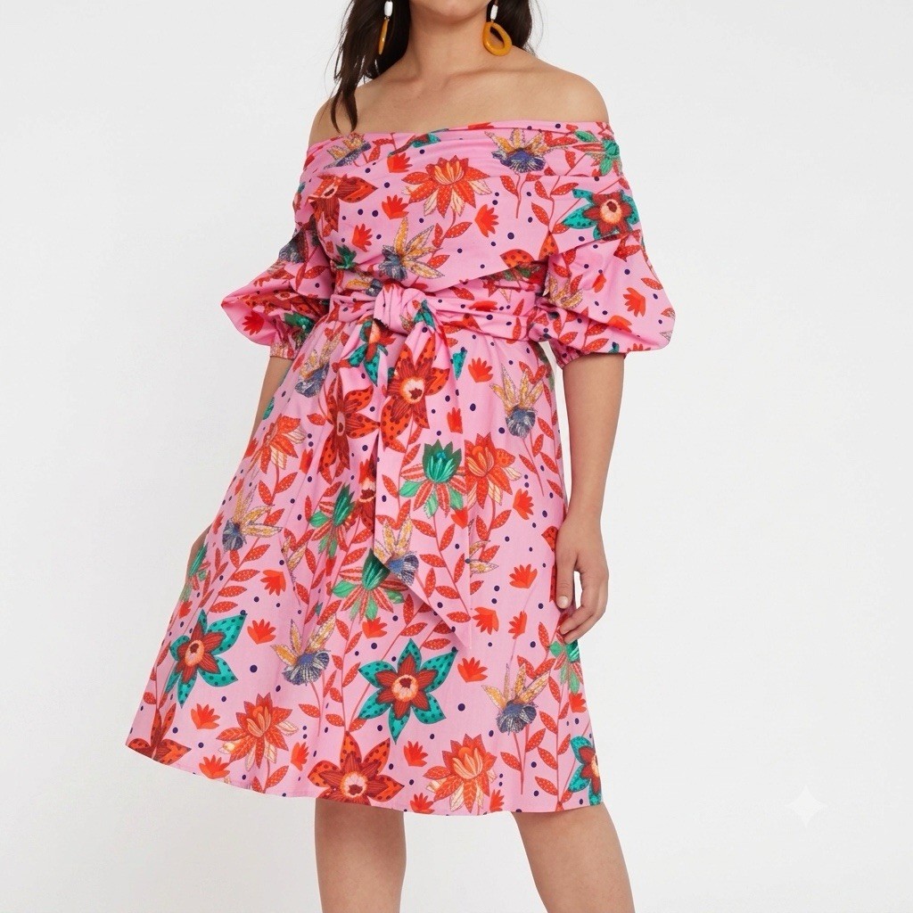 Eloquii Dresses Pink Floral Off-Shoulder Tie-Waist Dress 100% Cotton Sz 18 NWT