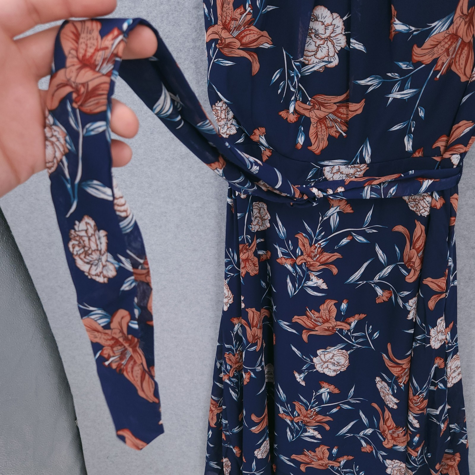NY Collection Sleeveless Chiffon Belted Floral Scoop Dress Womens Size PM NWT