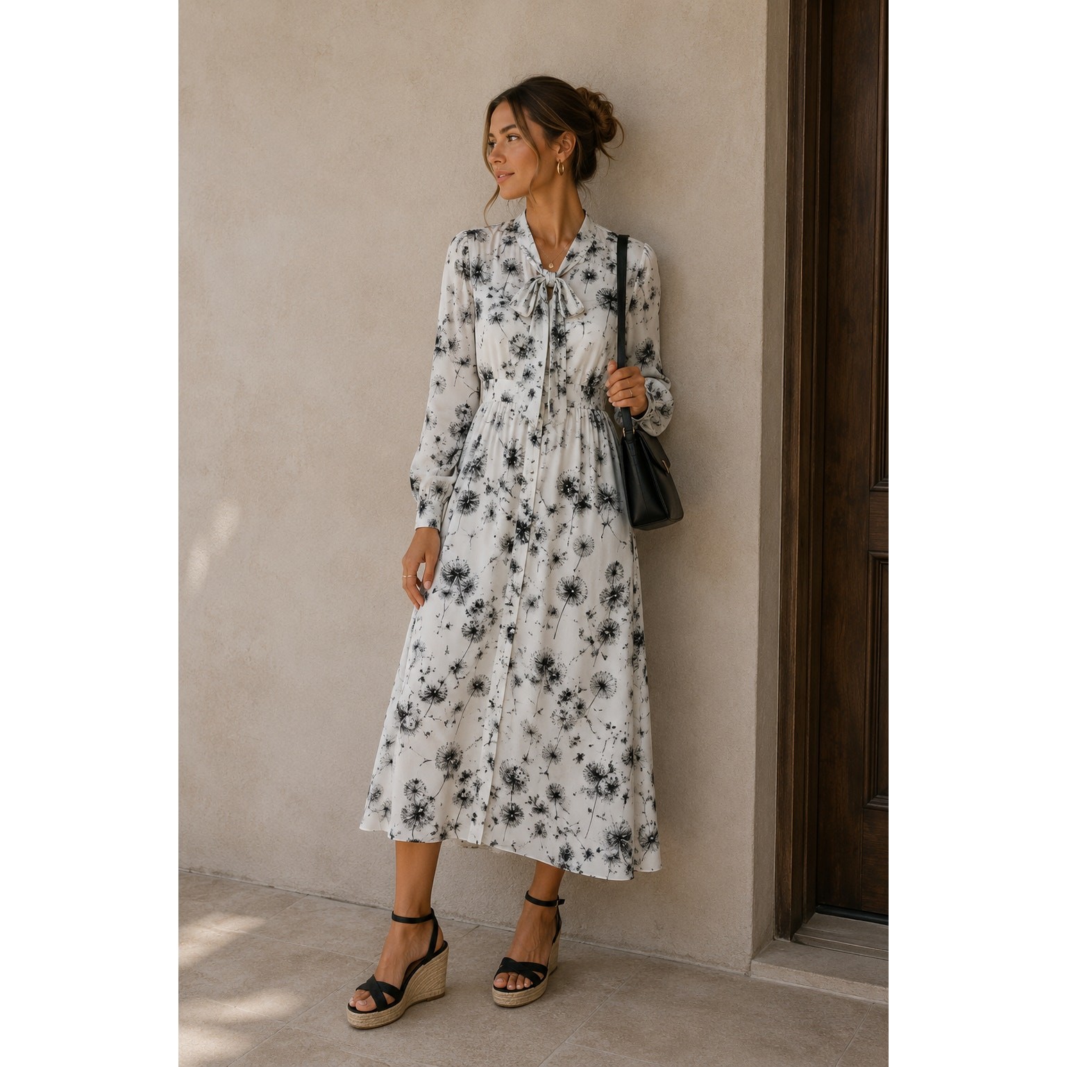 The Kooples White Black Dandelion Print Shirt Dress Womens S Midi Luxury Classic