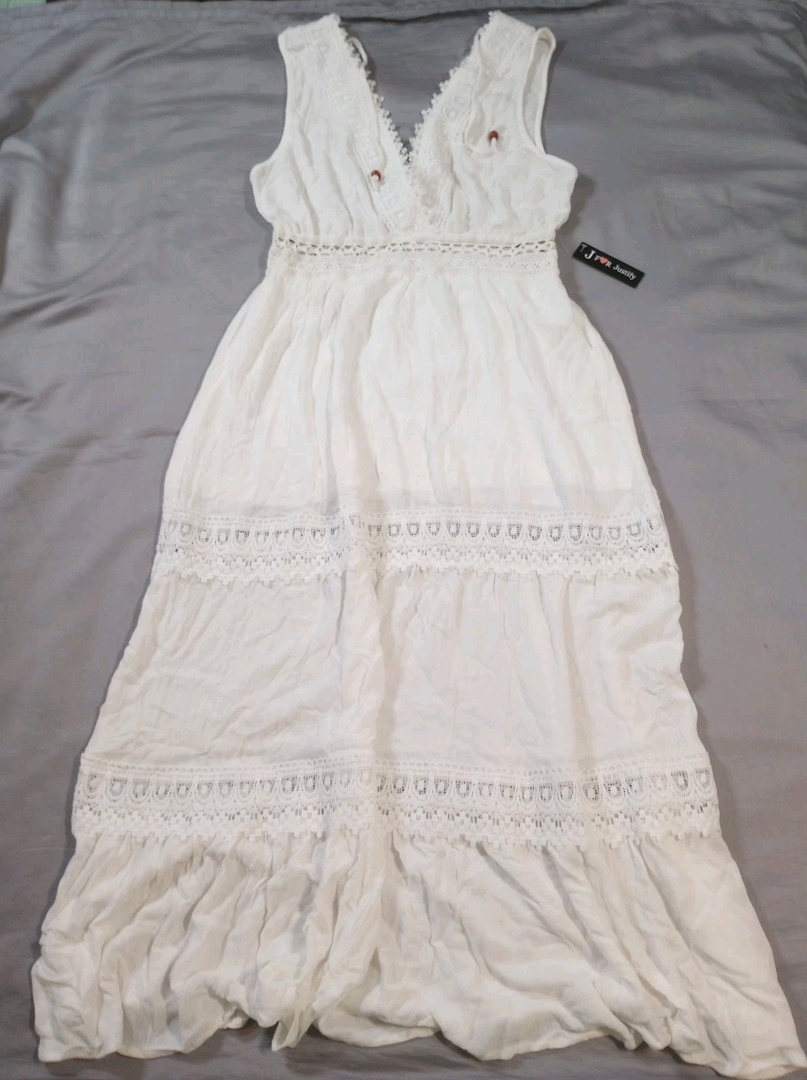 Justify Dress Womens Large White V Neck Lace Lined Sleeveless Maxi Boho