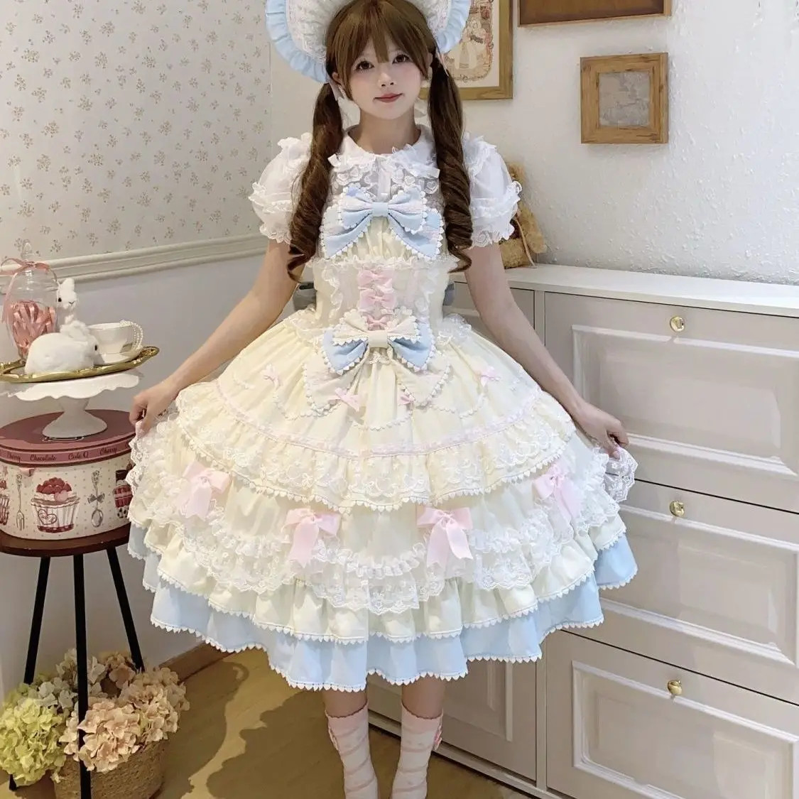 Japanese Style Sweet Lolita Cake Dress Women Summer Pink Camisole Cosplay