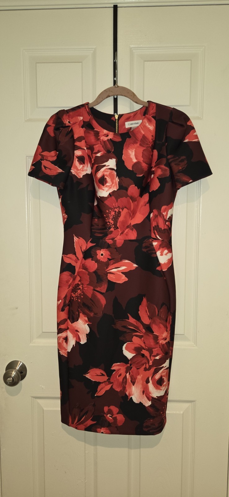 Calvin Klein Womens 6 Black Red Floral Sheath Knee Dress Short Sleeve Back Zip